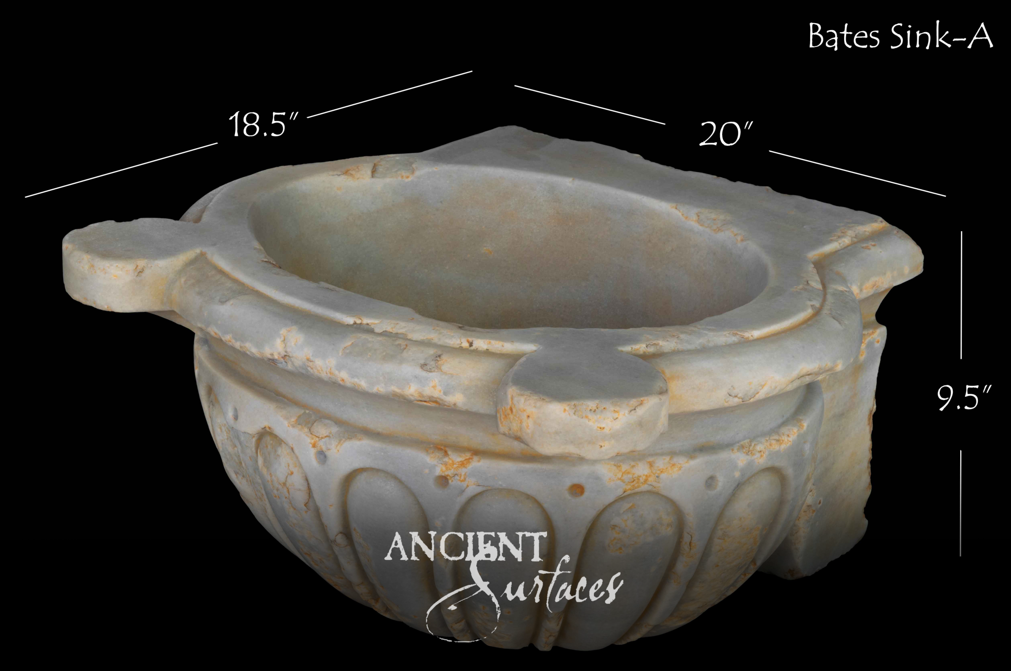 Oval marble basin with gadroon-carved body and two projecting lug handles