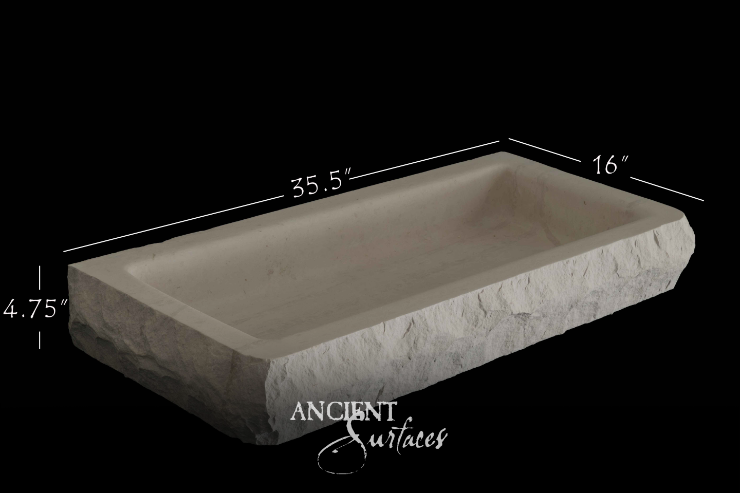 Long shallow cream stone trough with smooth interior and rough rock-faced edges