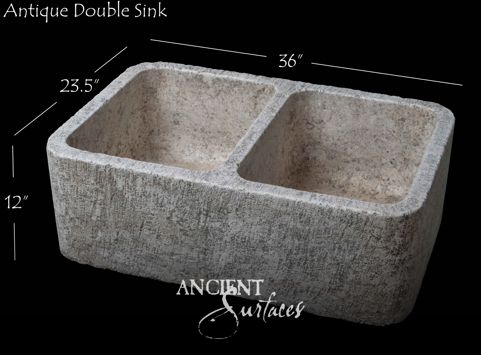 Aged grey-beige limestone double-compartment farmhouse sink with central partition
