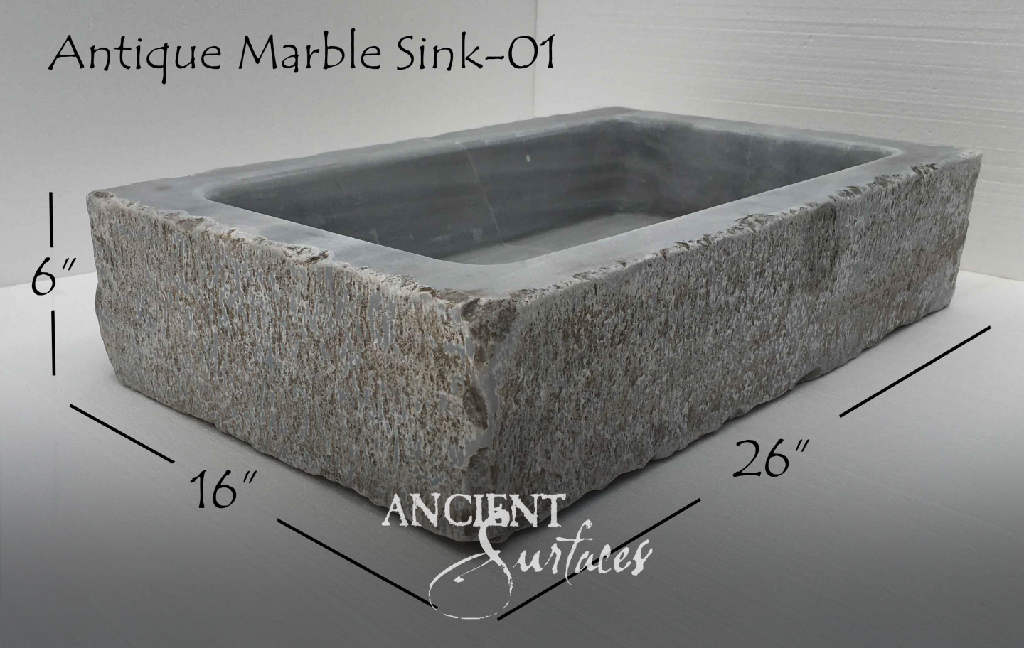 Rectangular grey marble vessel basin with polished interior and rock-faced sides